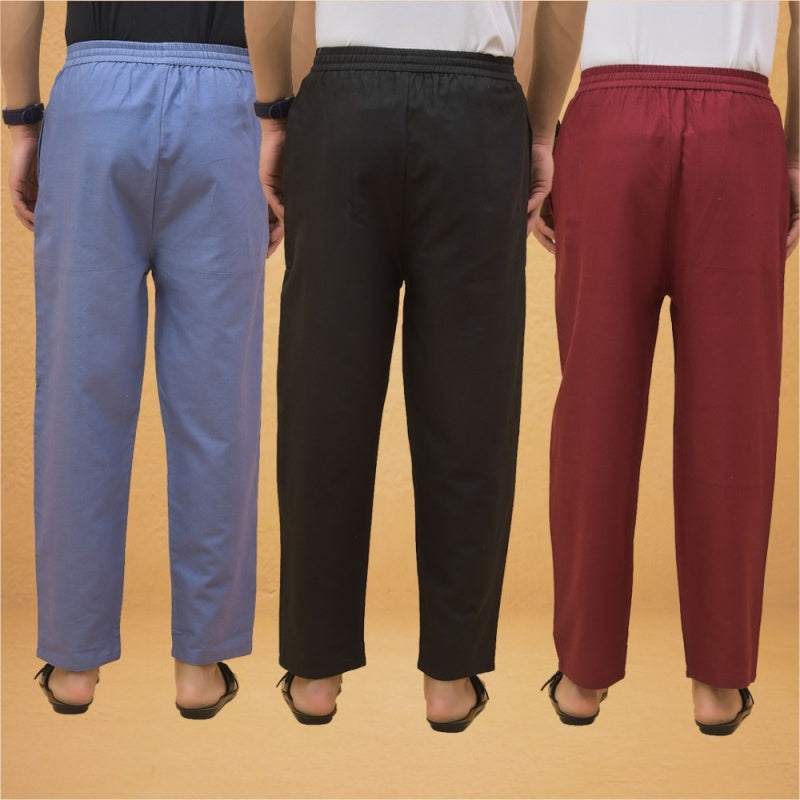 Combo of 3 Men Solid Cotton Flex Pant Black Maroon and Sky Blue-15591