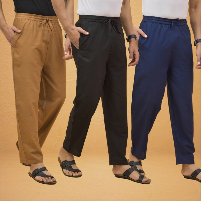 Combo of 3 Men Solid Cotton Flex Pant Black Navy Blue and Brown-15572