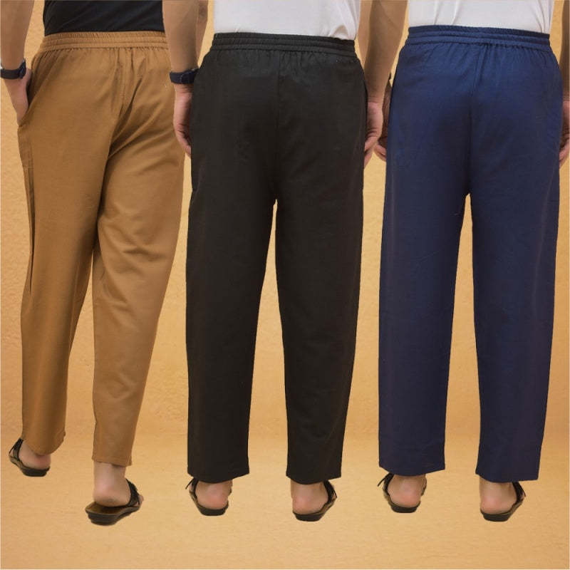 Combo of 3 Men Solid Cotton Flex Pant Black Navy Blue and Brown-15572