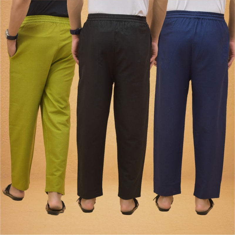 Combo of 3 Men Solid Cotton Flex Pant Black Navy Blue and Olive Green-15551