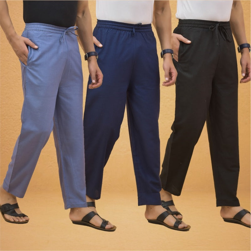 Combo of 3 Men Solid Cotton Flex Pant Black Navy Blue and Sky Blue-15587