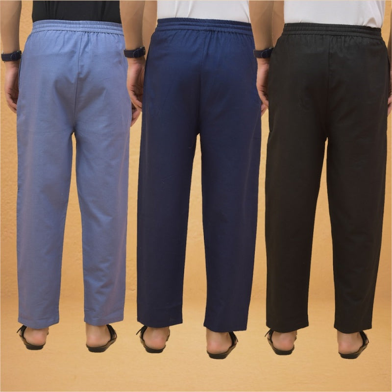 Combo of 3 Men Solid Cotton Flex Pant Black Navy Blue and Sky Blue-15587