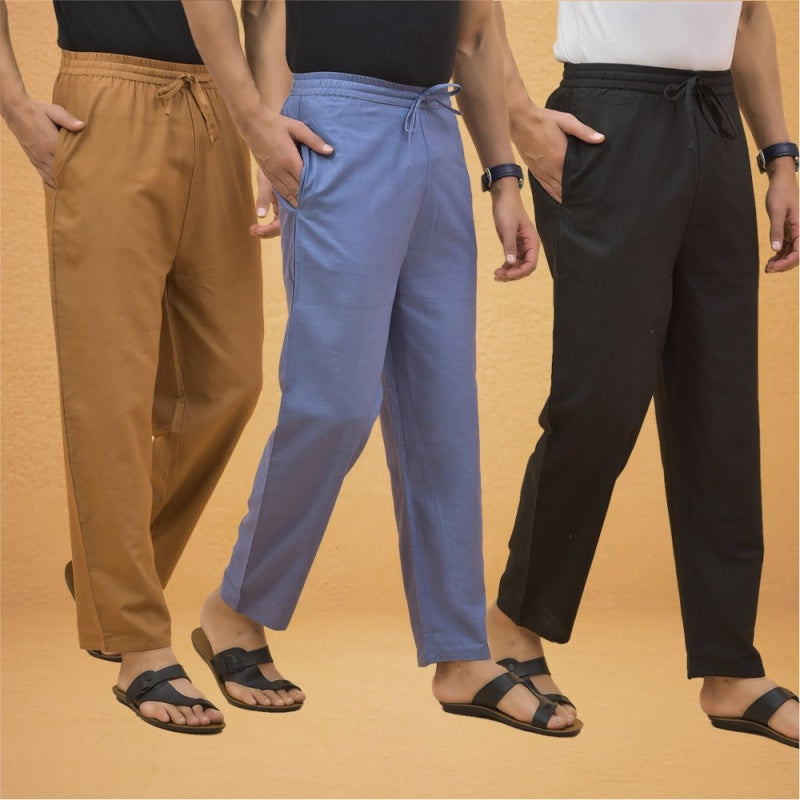 Combo of 3 Men Solid Cotton Flex Pant Black Sky Blue and Brown-15567