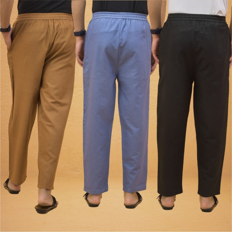 Combo of 3 Men Solid Cotton Flex Pant Black Sky Blue and Brown-15567