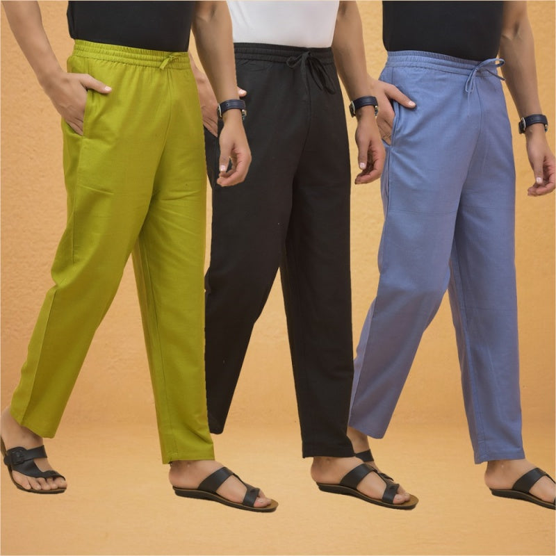 Combo of 3 Men Solid Cotton Flex Pant Black Sky Blue and Olive Green-15546