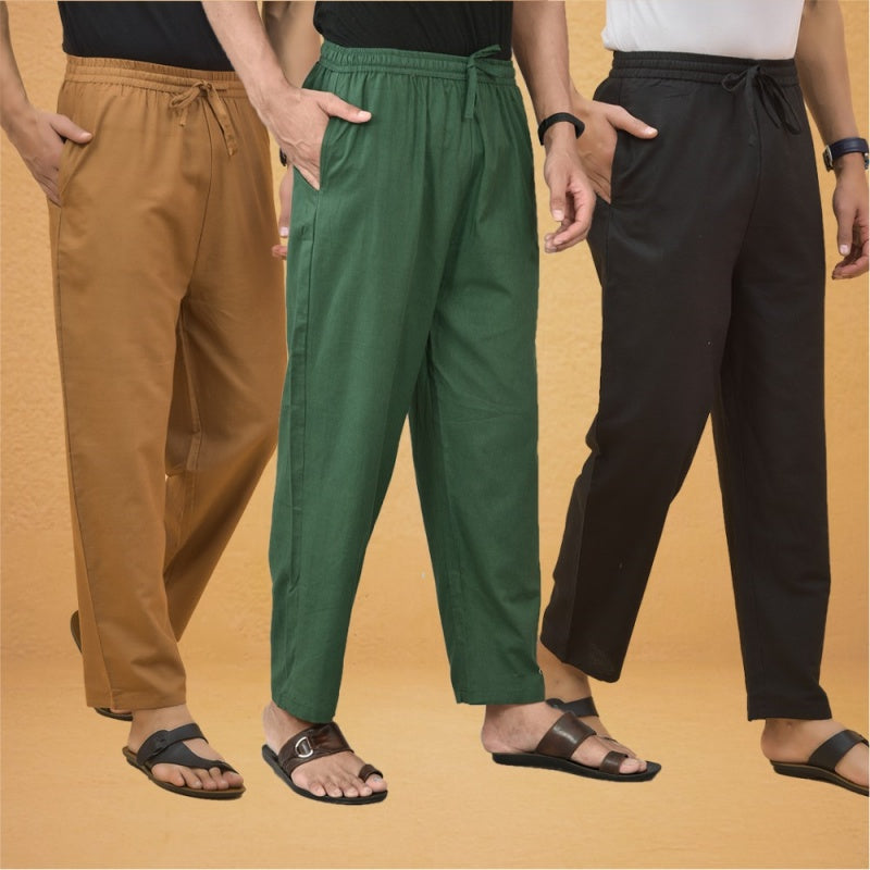 Combo of 3 Men Solid Cotton Flex Pant Bottle Green Black and Brown-15582