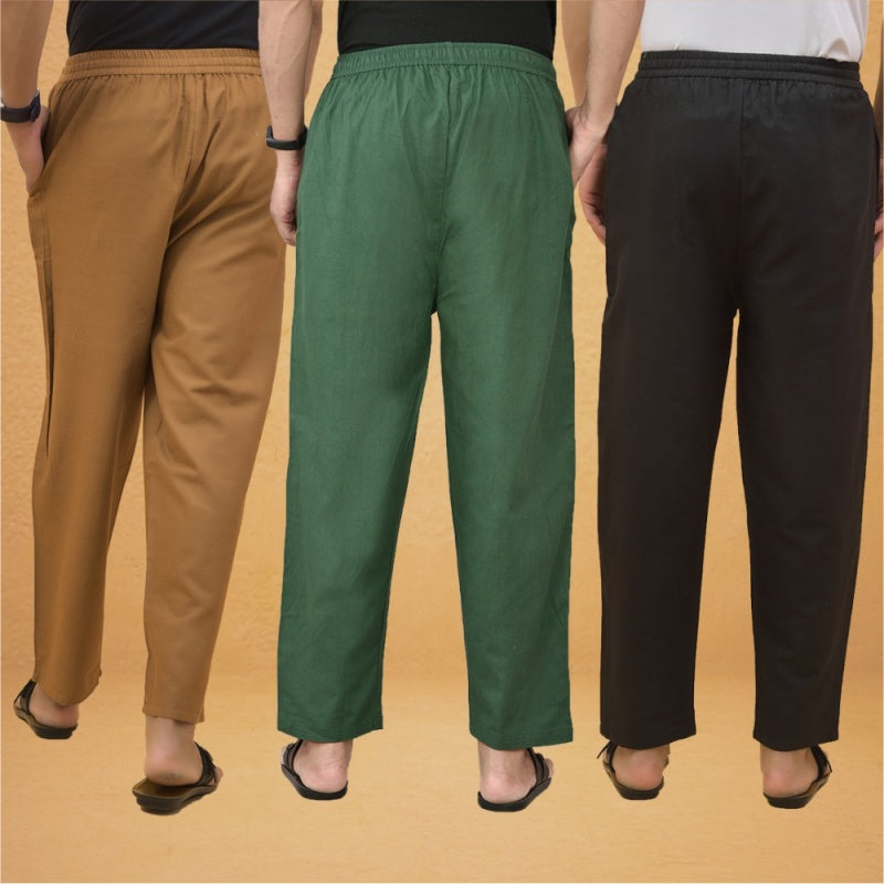 Combo of 3 Men Solid Cotton Flex Pant Bottle Green Black and Brown-15582
