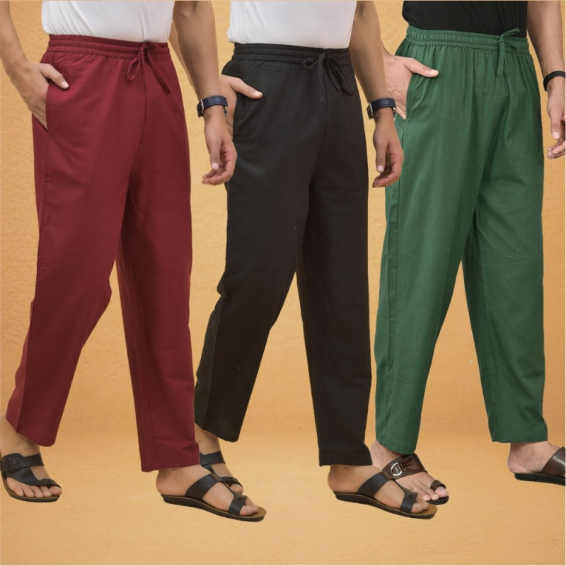Combo of 3 Men Solid Cotton Flex Pant Bottle Green Black and Maroon-15613