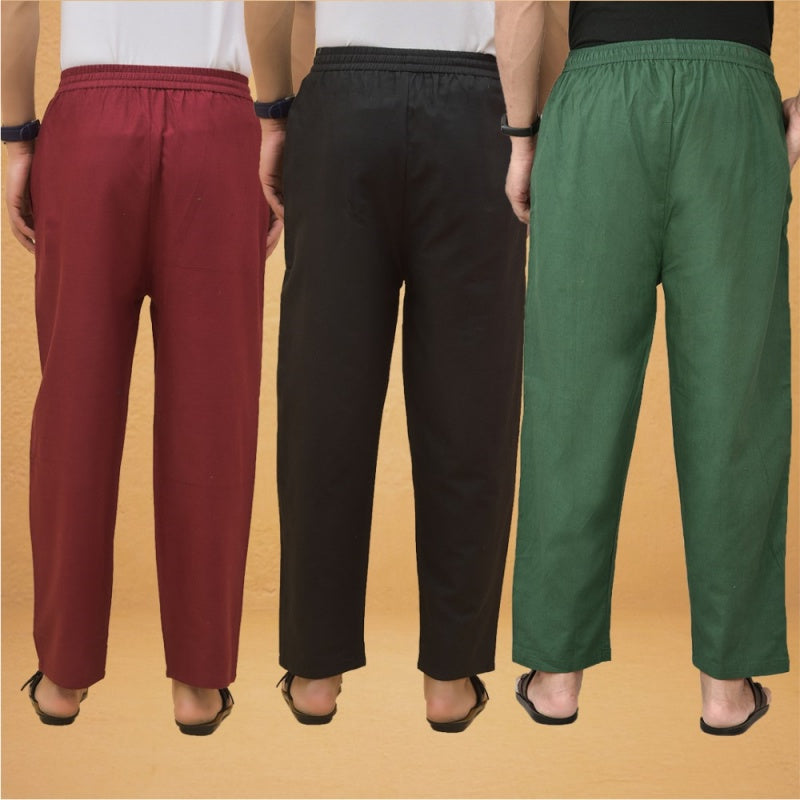 Combo of 3 Men Solid Cotton Flex Pant Bottle Green Black and Maroon-15613