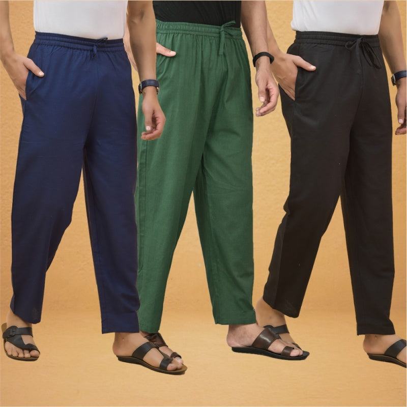 Combo of 3 Men Solid Cotton Flex Pant Bottle Green Black and Navy Blue-15607