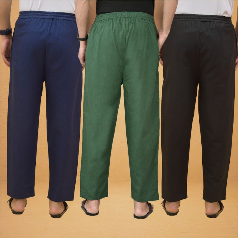 Combo of 3 Men Solid Cotton Flex Pant Bottle Green Black and Navy Blue-15607