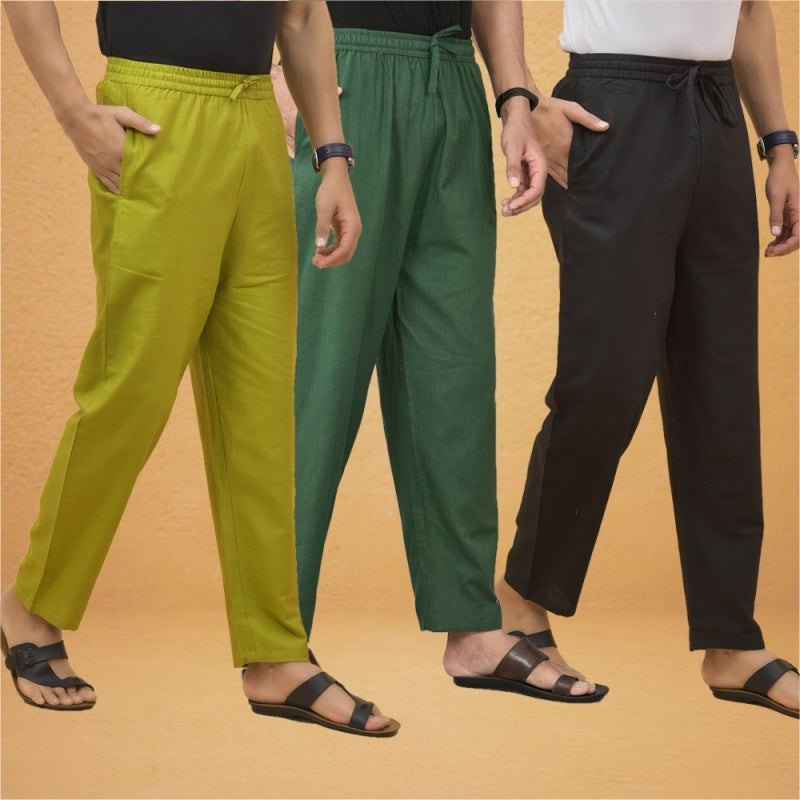 Combo of 3 Men Solid Cotton Flex Pant Bottle Green Black and Olive-15561