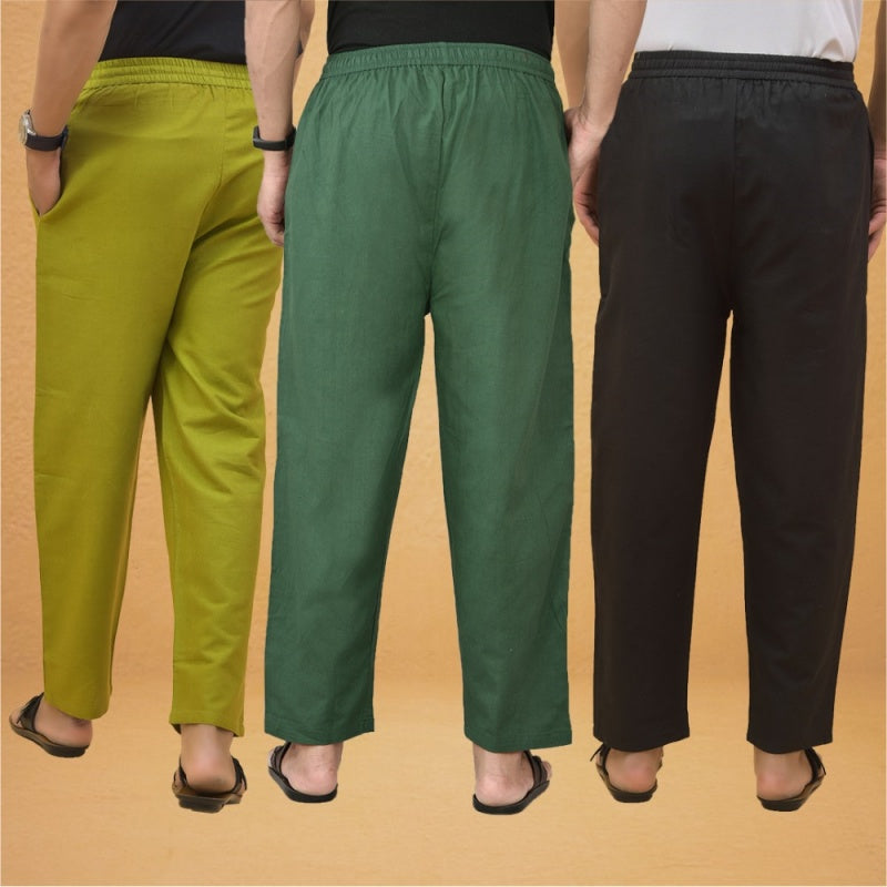 Combo of 3 Men Solid Cotton Flex Pant Bottle Green Black and Olive-15561