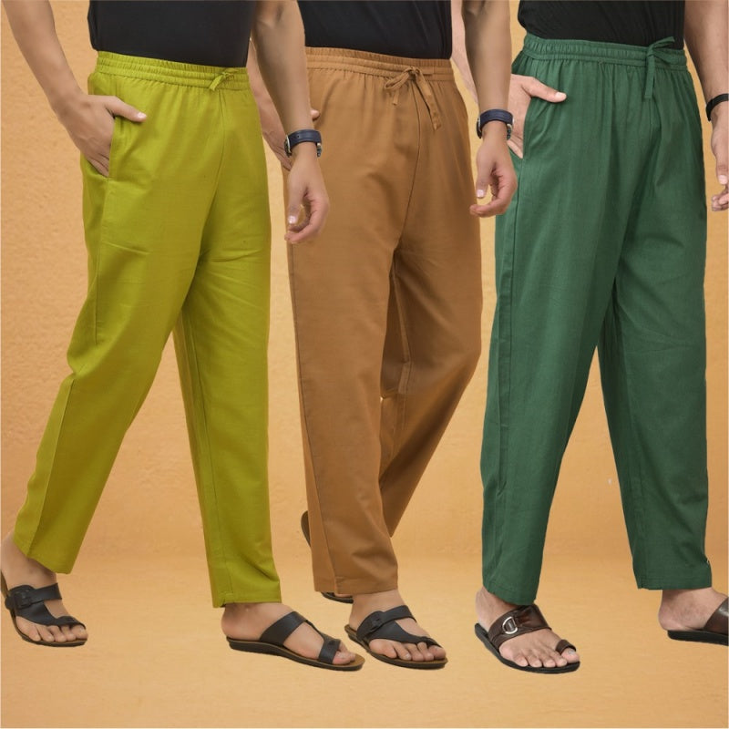 Combo of 3 Men Solid Cotton Flex Pant Bottle Green Brown and Olive-15543