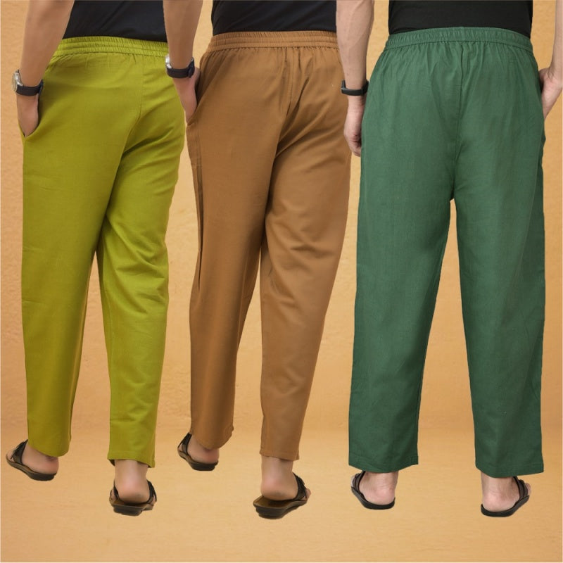 Combo of 3 Men Solid Cotton Flex Pant Bottle Green Brown and Olive-15543