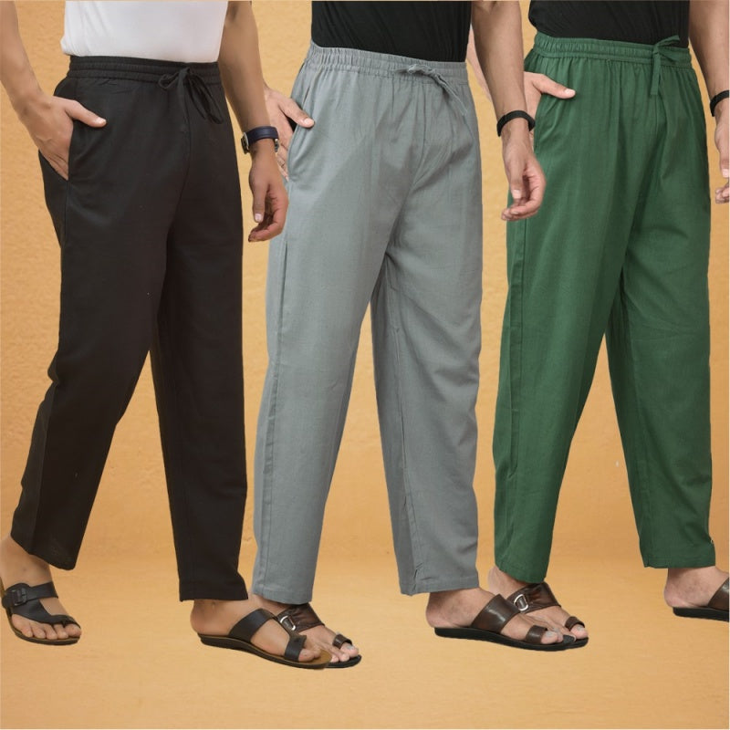 Combo of 3 Men Solid Cotton Flex Pant Bottle Green Gray and Black-15618