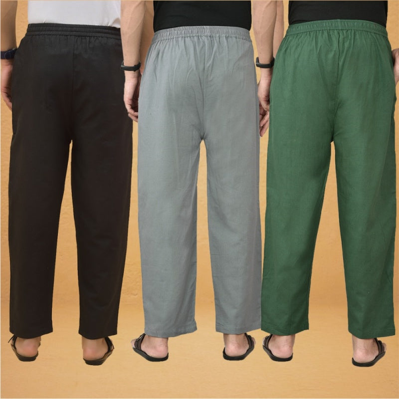 Combo of 3 Men Solid Cotton Flex Pant Bottle Green Gray and Black-15618