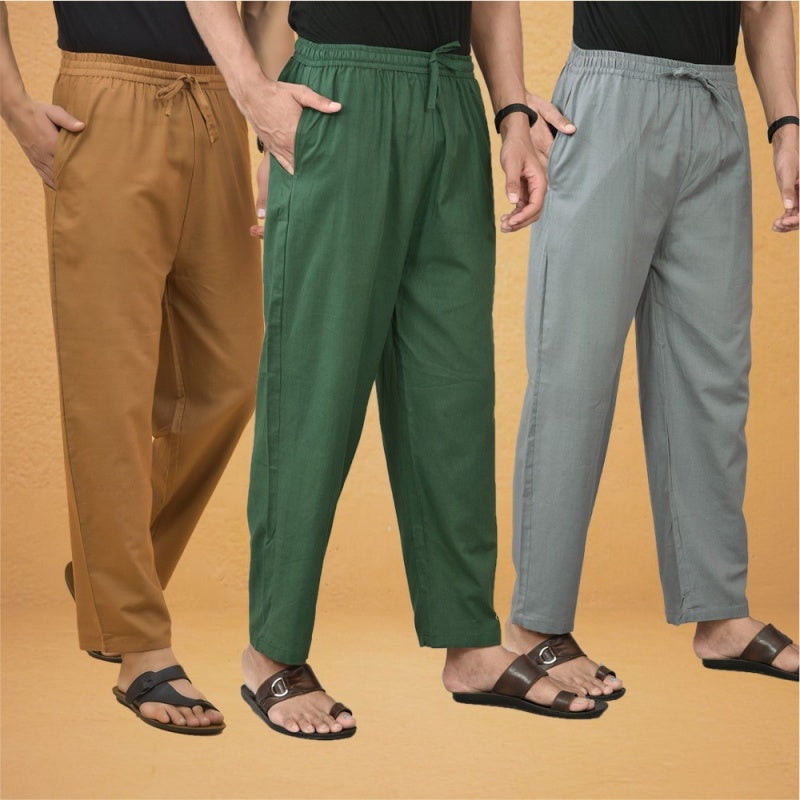 Combo of 3 Men Solid Cotton Flex Pant Bottle Green Gray and Brown-15584