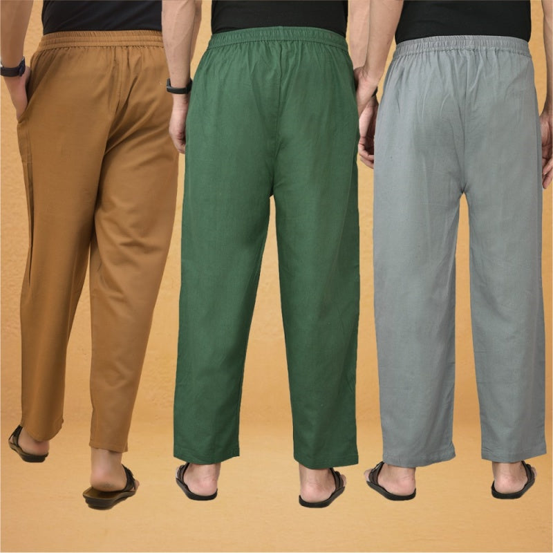 Combo of 3 Men Solid Cotton Flex Pant Bottle Green Gray and Brown-15584