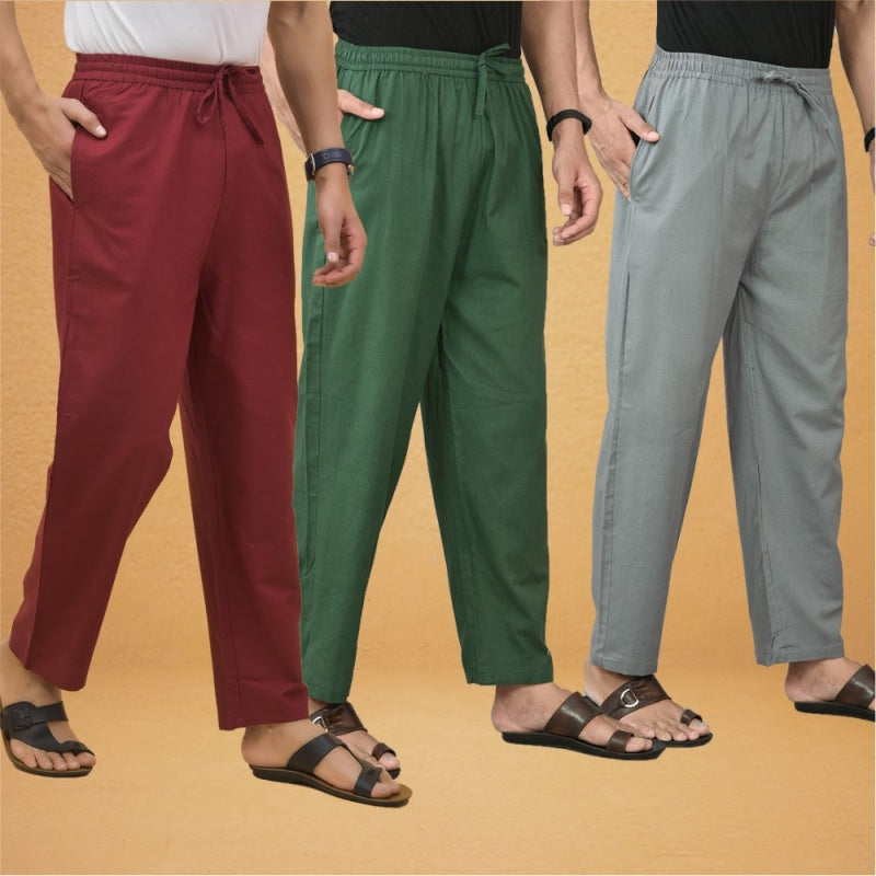 Combo of 3 Men Solid Cotton Flex Pant Bottle Green Gray and Maroon-15615