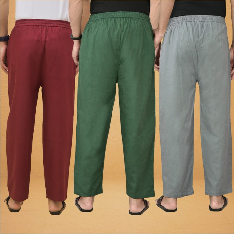 Combo of 3 Men Solid Cotton Flex Pant Bottle Green Gray and Maroon-15615