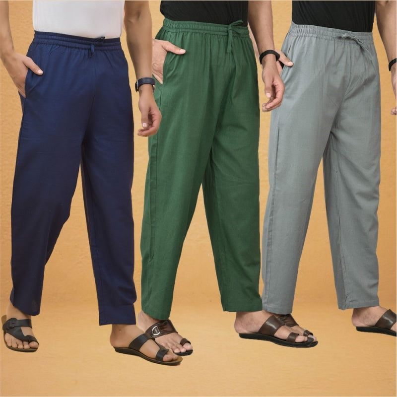 Combo of 3 Men Solid Cotton Flex Pant Bottle Green Gray and Navy Blue-15609