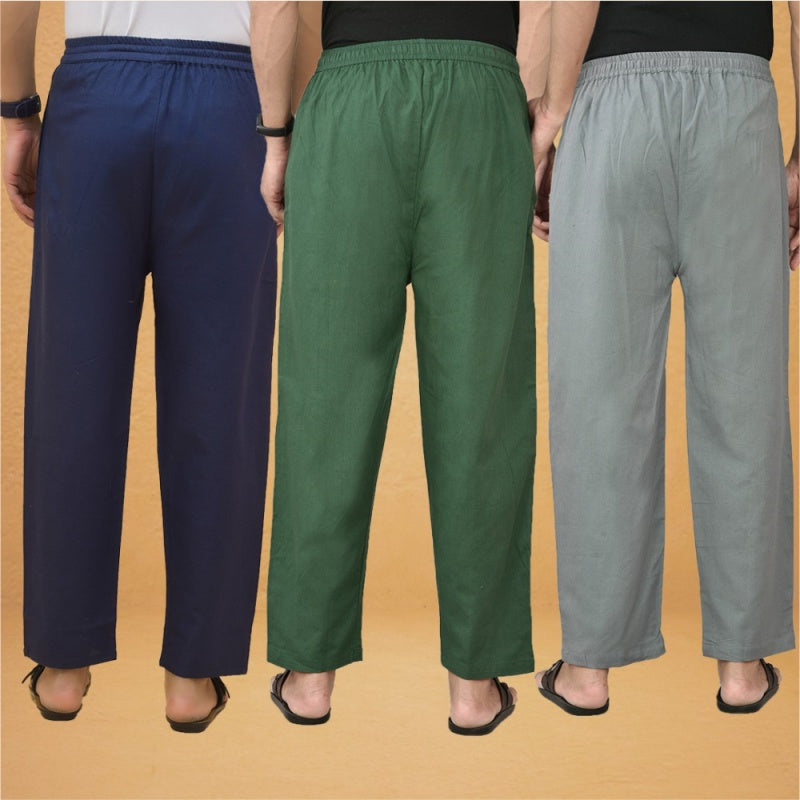 Combo of 3 Men Solid Cotton Flex Pant Bottle Green Gray and Navy Blue-15609