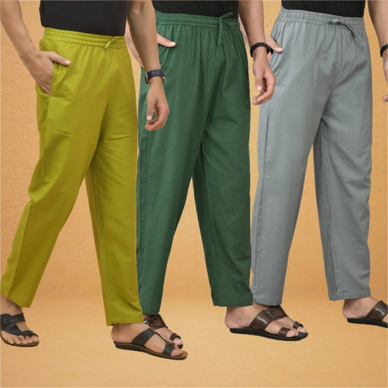 Combo of 3 Men Solid Cotton Flex Pant Bottle Green Gray and Olive Green-15563