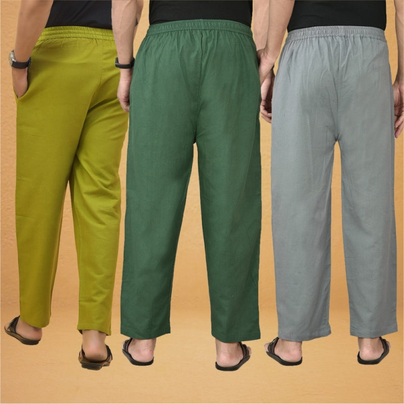Combo of 3 Men Solid Cotton Flex Pant Bottle Green Gray and Olive Green-15563