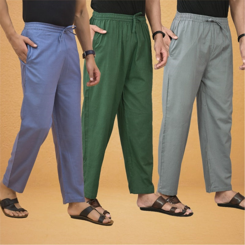 Combo of 3 Men Solid Cotton Flex Pant Bottle Green Gray and Sky Blue-15599