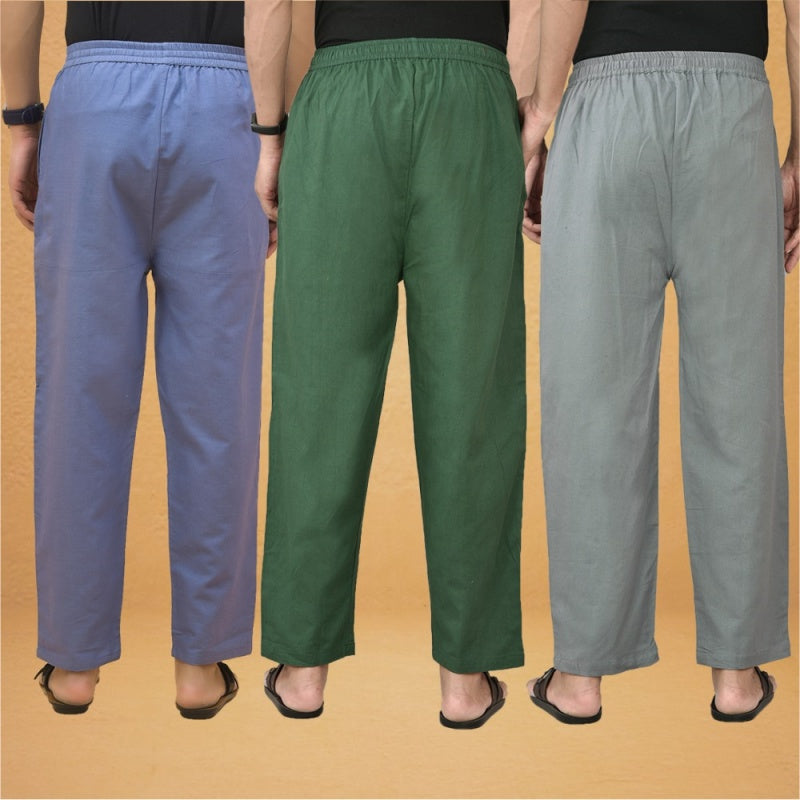 Combo of 3 Men Solid Cotton Flex Pant Bottle Green Gray and Sky Blue-15599