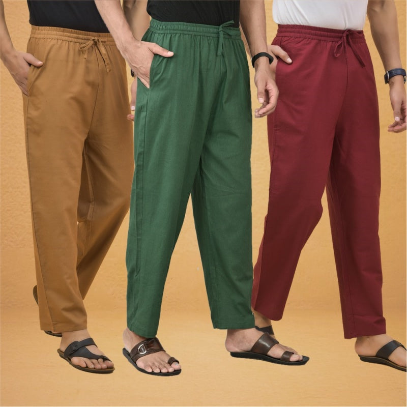 Combo of 3 Men Solid Cotton Flex Pant Bottle Green Maroon and Brown-15579