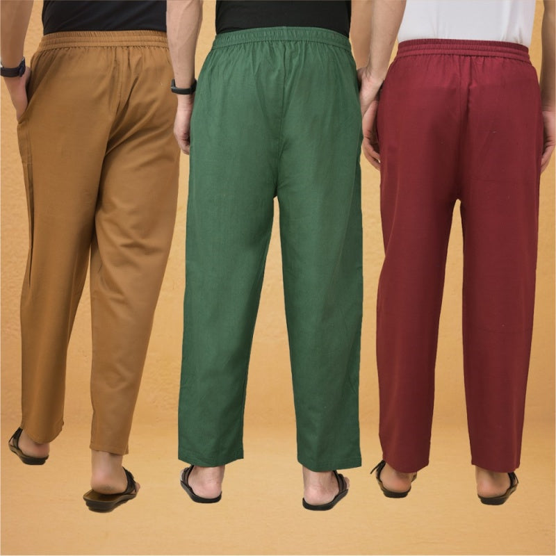 Combo of 3 Men Solid Cotton Flex Pant Bottle Green Maroon and Brown-15579