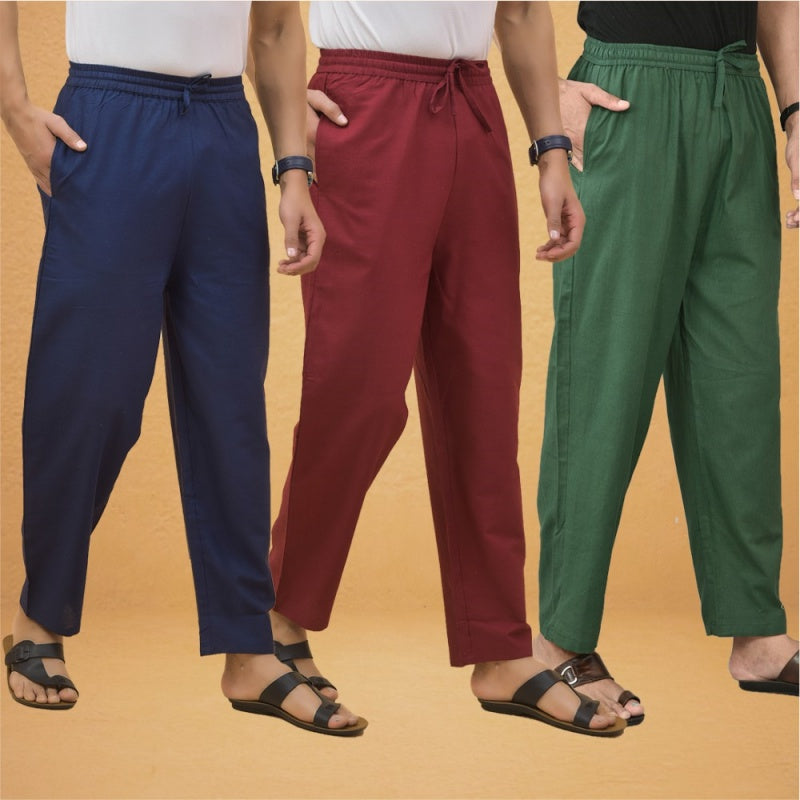 Combo of 3 Men Solid Cotton Flex Pant Bottle Green Maroon and Navy Blue-15604