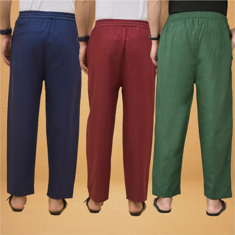 Combo of 3 Men Solid Cotton Flex Pant Bottle Green Maroon and Navy Blue-15604