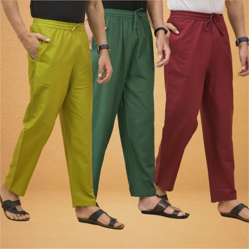 Combo of 3 Men Solid Cotton Flex Pant Bottle Green Maroon and Olive-15558