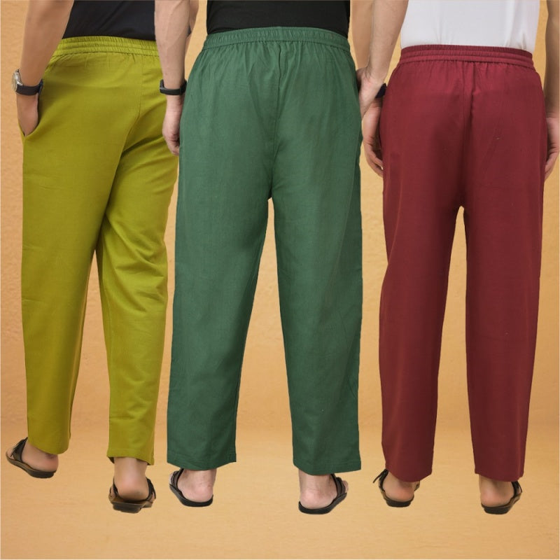 Combo of 3 Men Solid Cotton Flex Pant Bottle Green Maroon and Olive-15558