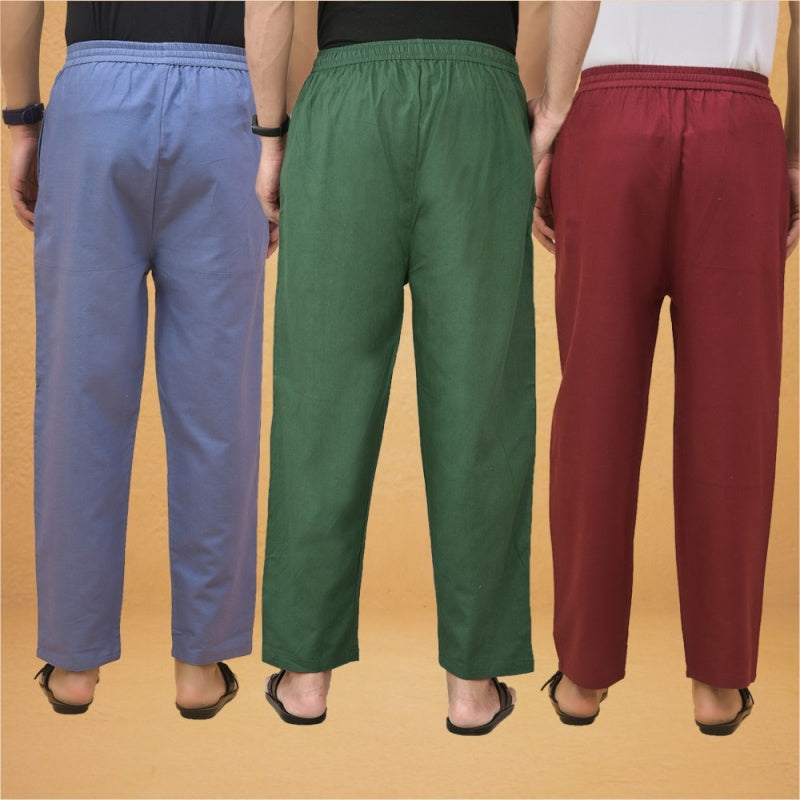 Combo of 3 Men Solid Cotton Flex Pant Bottle Green Maroon and Sky Blue-15594