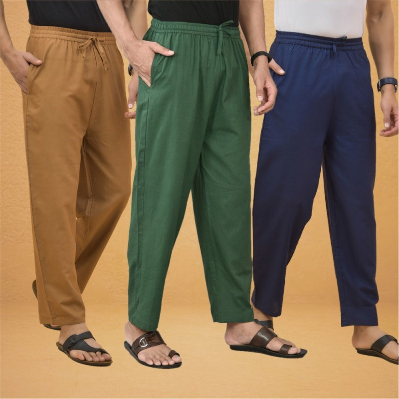 Combo of 3 Men Solid Cotton Flex Pant Bottle Green Navy Blue and Brown-15575