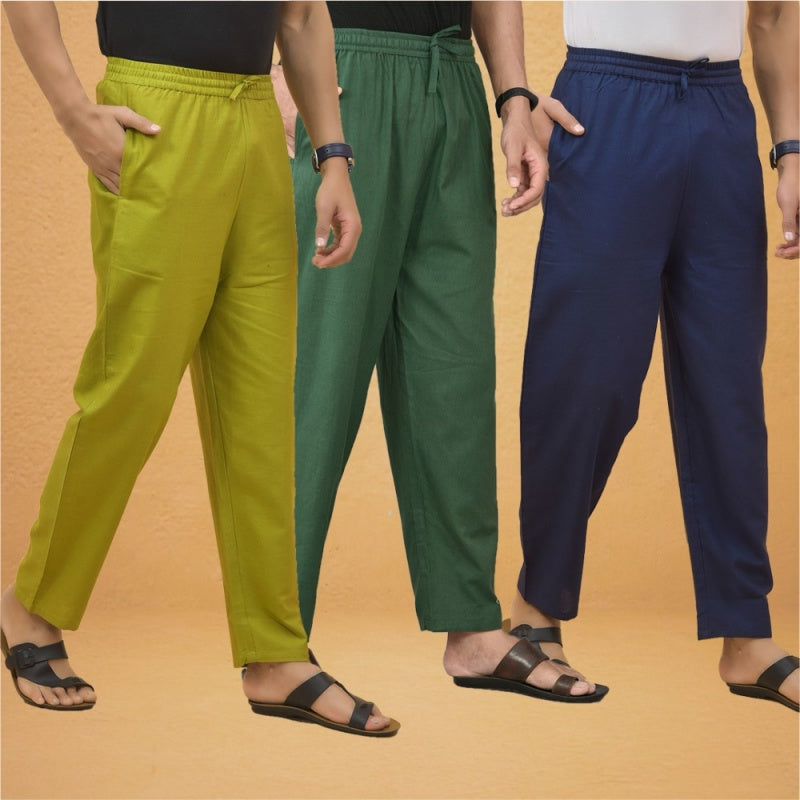 Combo of 3 Men Solid Cotton Flex Pant Bottle Green Navy Blue and Olive-15554