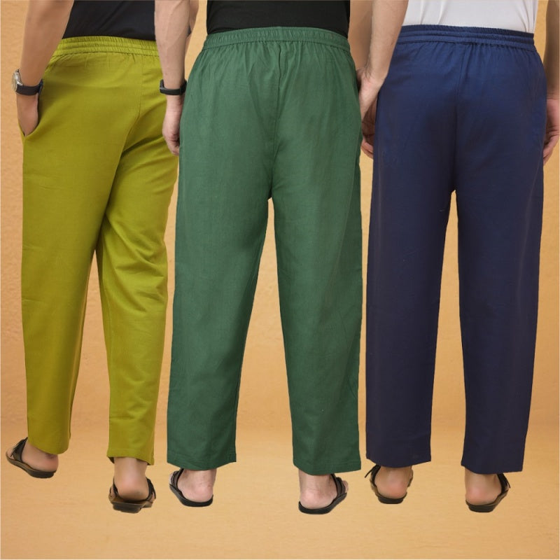 Combo of 3 Men Solid Cotton Flex Pant Bottle Green Navy Blue and Olive-15554