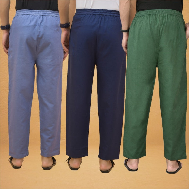 Combo of 3 Men Solid Cotton Flex Pant Bottle Green Navy Blue and Sky Blue-15590
