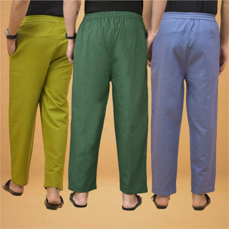 Combo of 3 Men Solid Cotton Flex Pant Bottle Green Sky Blue and Olive Green-15549