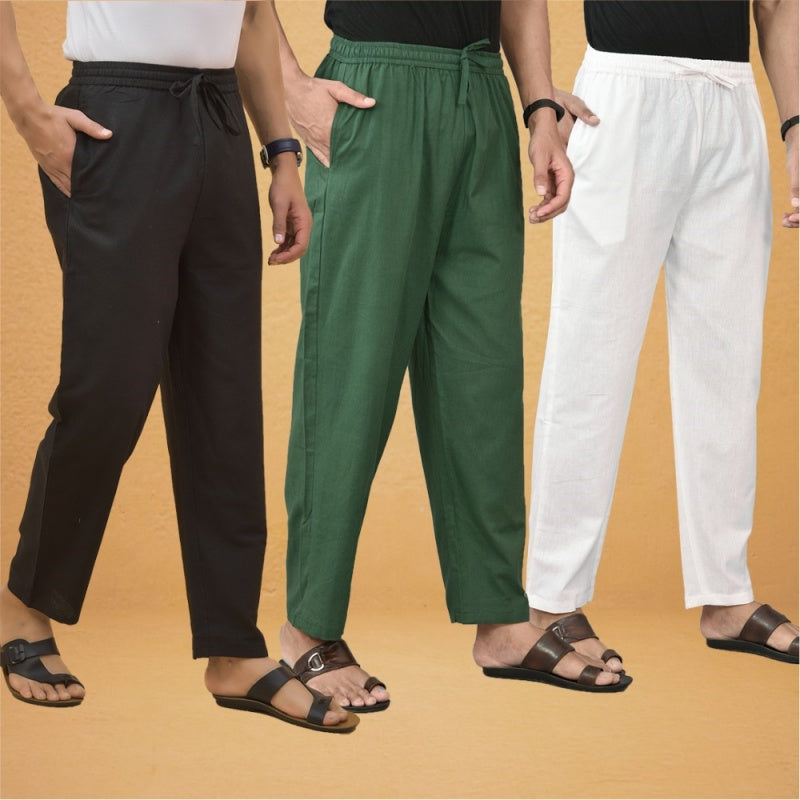 Combo of 3 Men Solid Cotton Flex Pant Bottle Green White and Black-15619