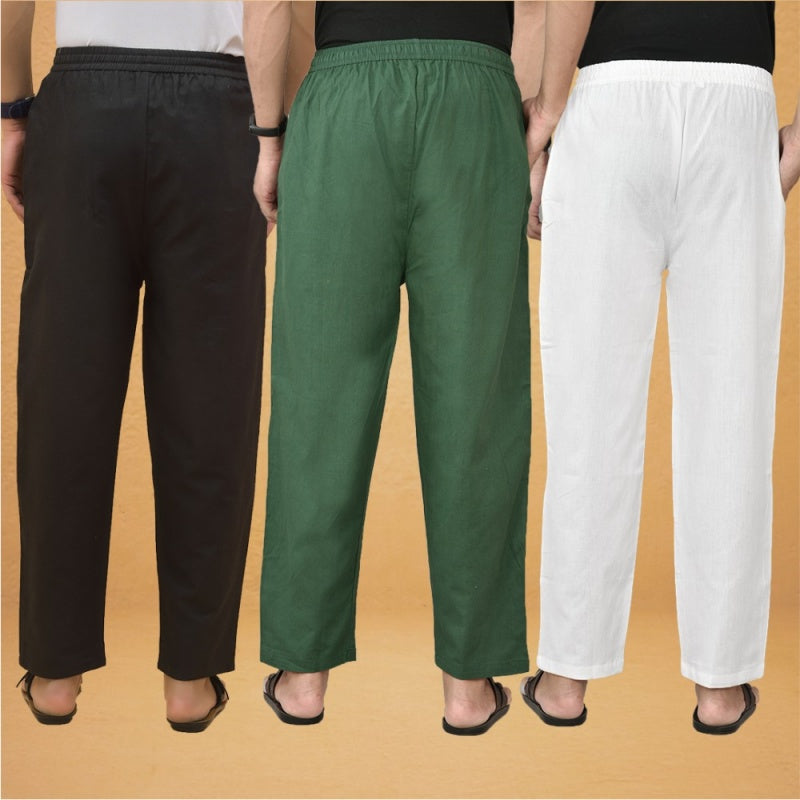 Combo of 3 Men Solid Cotton Flex Pant Bottle Green White and Black-15619