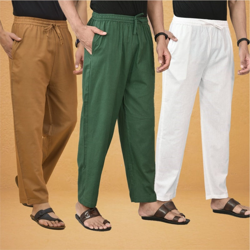 Combo of 3 Men Solid Cotton Flex Pant Bottle Green White and Brown-15585