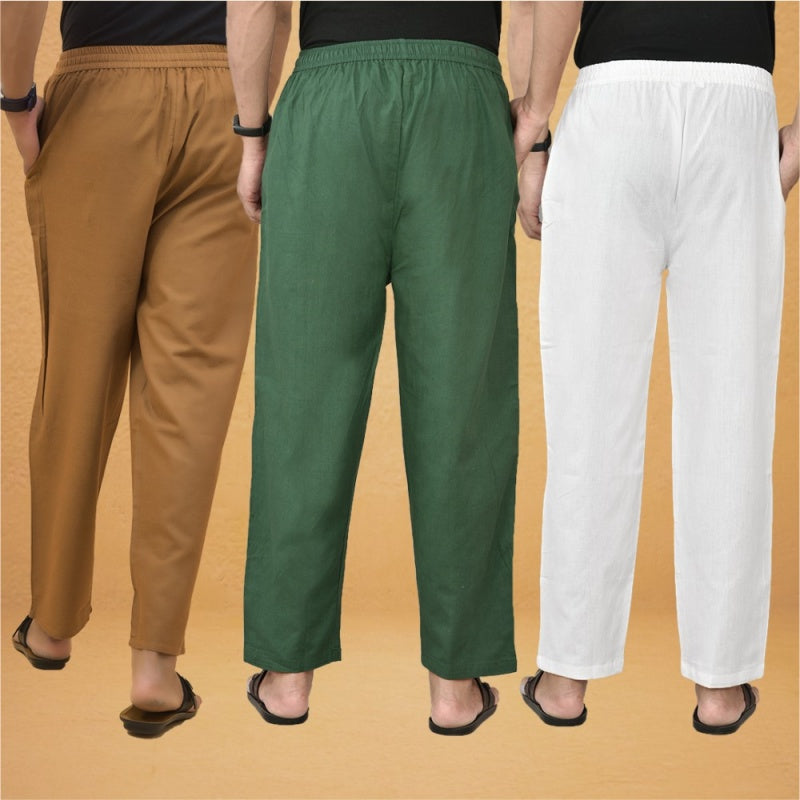 Combo of 3 Men Solid Cotton Flex Pant Bottle Green White and Brown-15585