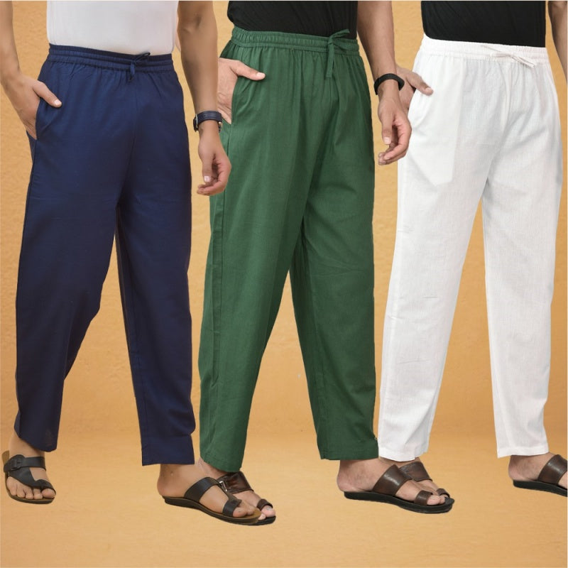 Combo of 3 Men Solid Cotton Flex Pant Bottle Green White and Navy Blue-15610