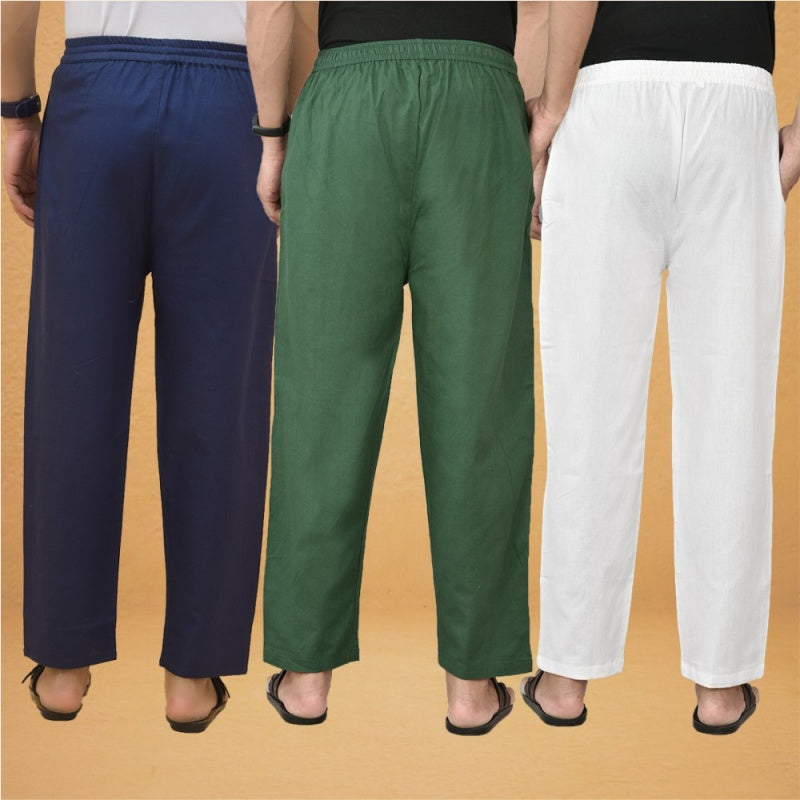 Combo of 3 Men Solid Cotton Flex Pant Bottle Green White and Navy Blue-15610
