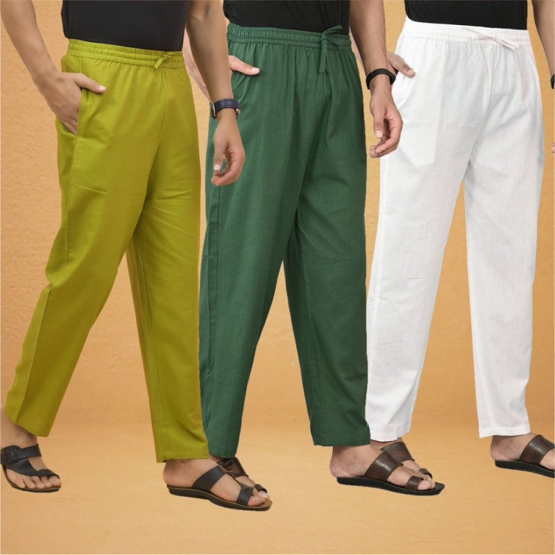 Combo of 3 Men Solid Cotton Flex Pant Bottle Green White and Olive Green-15564